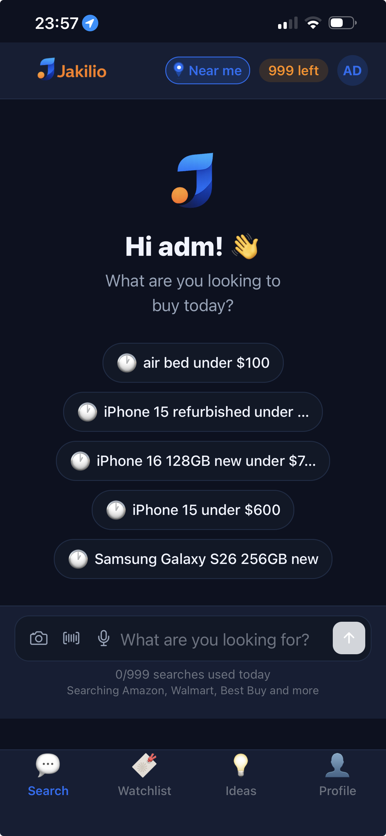 Jakilio AI search screen dark mode